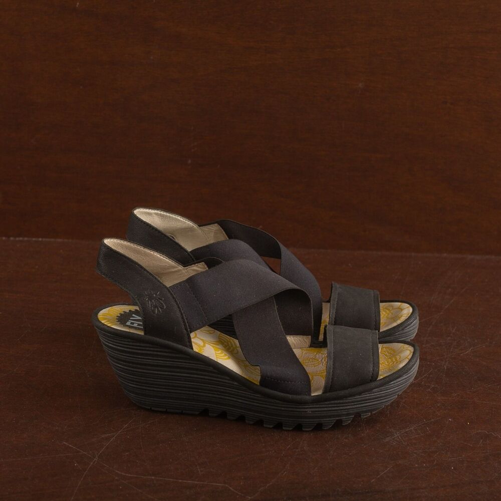 Fly London Yaji Cross Wedge Sandal Strappy Shoes Womens SZ EU 40 US 9-9.5 Black